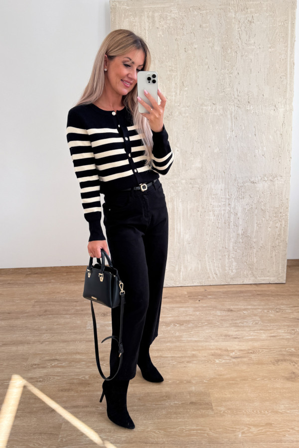 Sweter w Paski Rozpinany Solero - Czarny 12