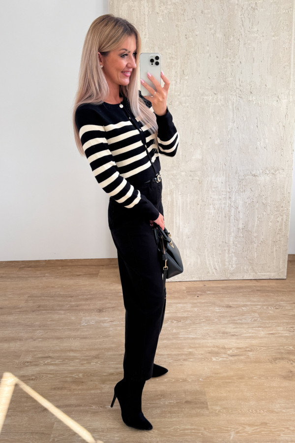 Sweter w Paski Rozpinany Solero - Czarny 13