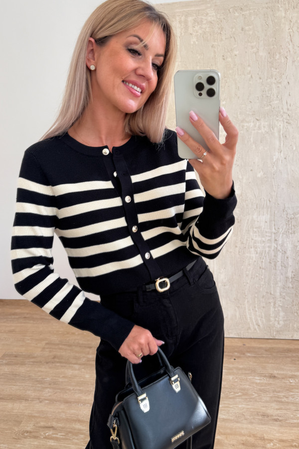 Sweter w Paski Rozpinany Solero - Czarny