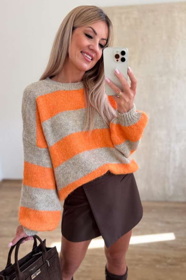 Sweter w Pasy Milano - Pomarańczowo Beżowy