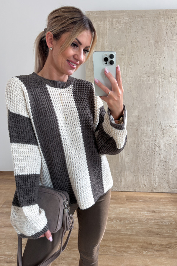 Sweter w Pasy Nestle - Czekolada z Beżem