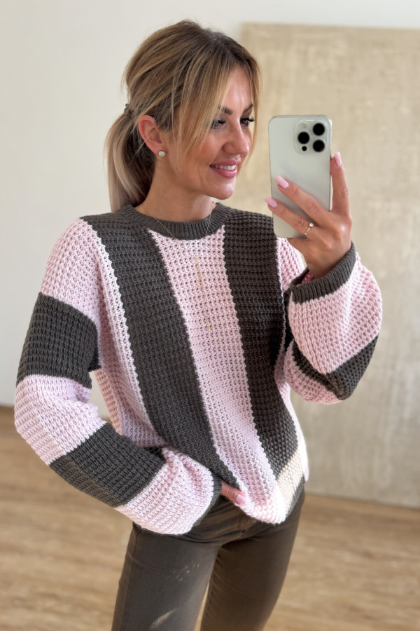 Sweter w Pasy Nestle - Czekolada z Pudrowym Różem 1