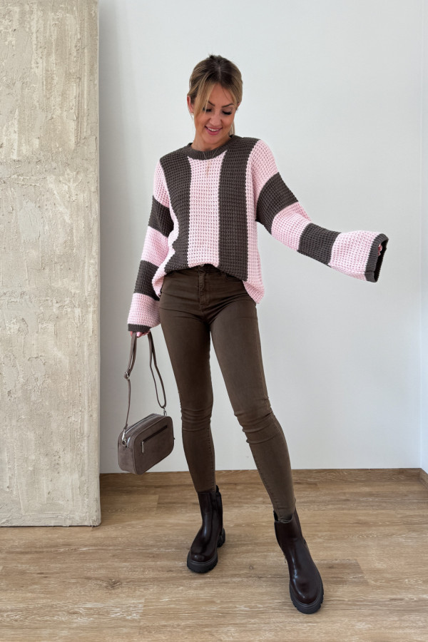 Sweter w Pasy Nestle - Czekolada z Pudrowym Różem 7