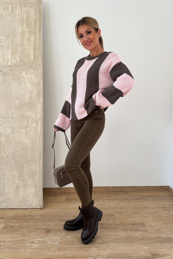 Sweter w Pasy Nestle - Czekolada z Pudrowym Różem 9