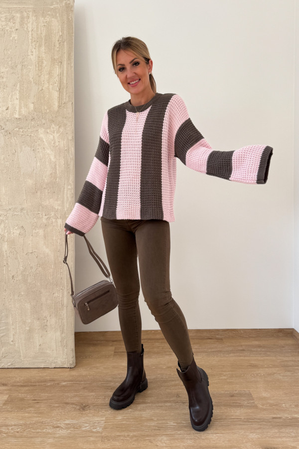 Sweter w Pasy Nestle - Czekolada z Pudrowym Różem 11
