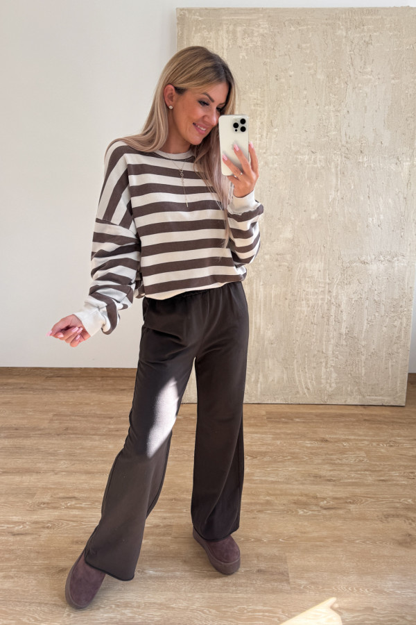 Bluza Oversize w Pasy Kalito- Czekolada z Beżem