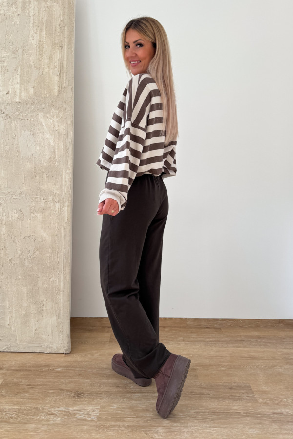 Bluza Oversize w Pasy Kalito- Czekolada z Beżem 4