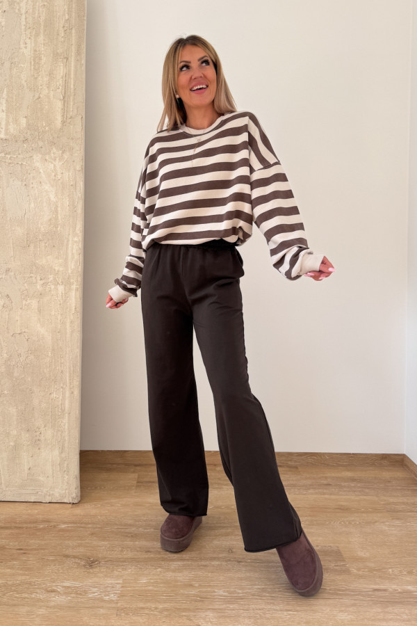Bluza Oversize w Pasy Kalito- Czekolada z Beżem 7