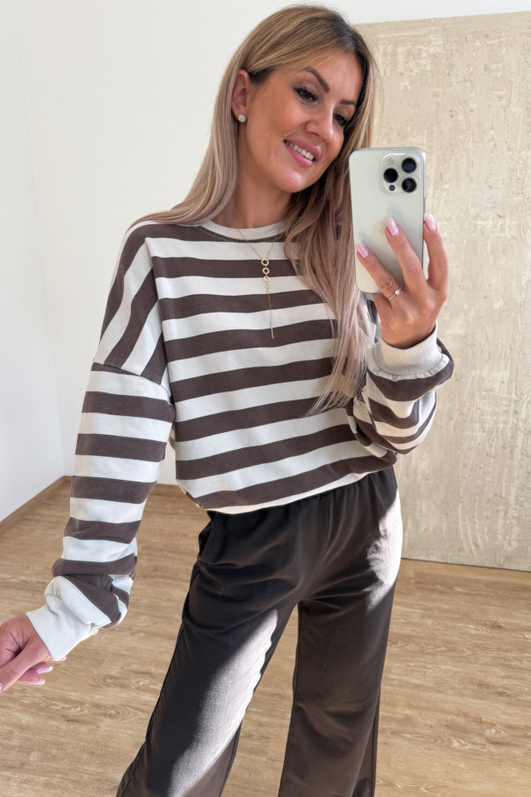 Bluza Oversize w Pasy Kalito- Czekolada z Beżem 8