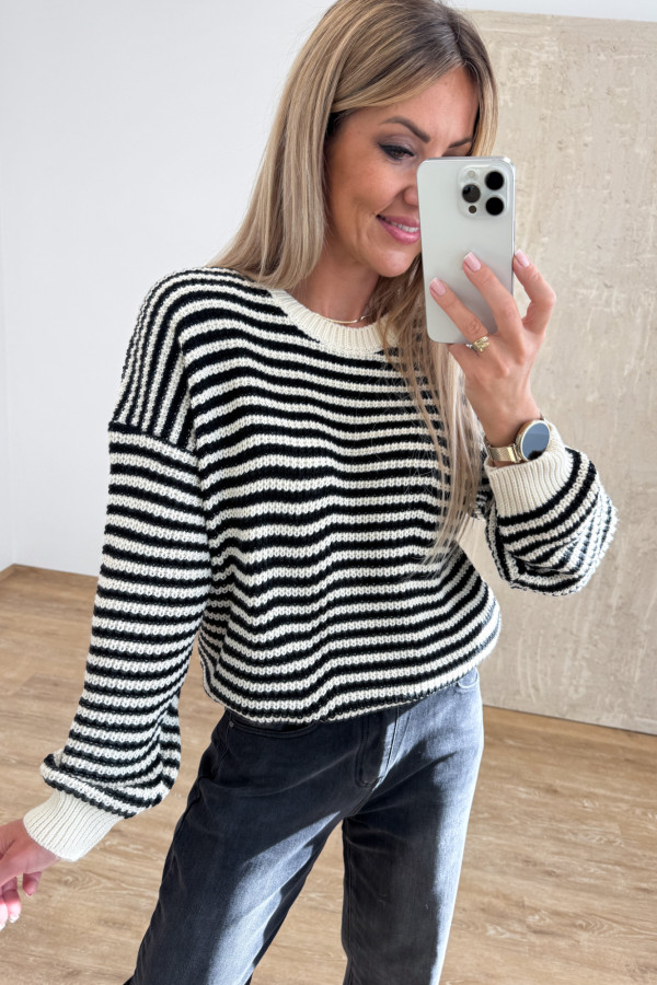 Sweter w Cienkie Paseczki Pasion - Waniliowo Czarny 4