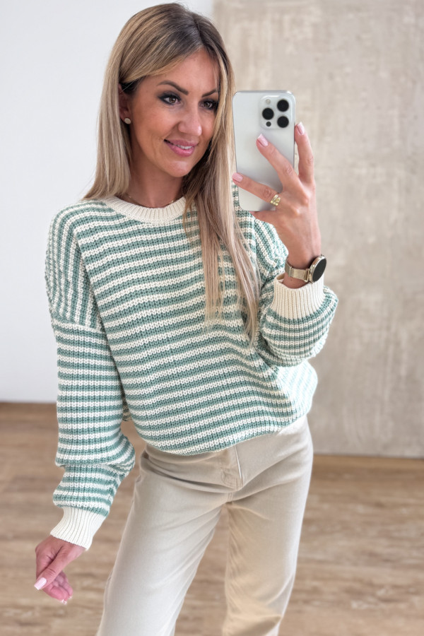Sweter w Cienkie Paseczki Pasion - Waniliowo Miętowy 3