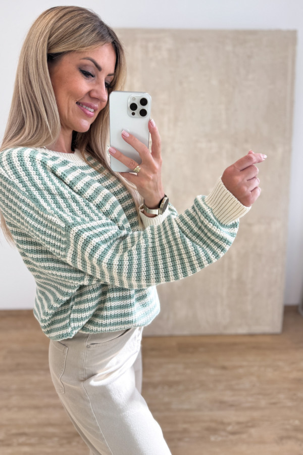 Sweter w Cienkie Paseczki Pasion - Waniliowo Miętowy