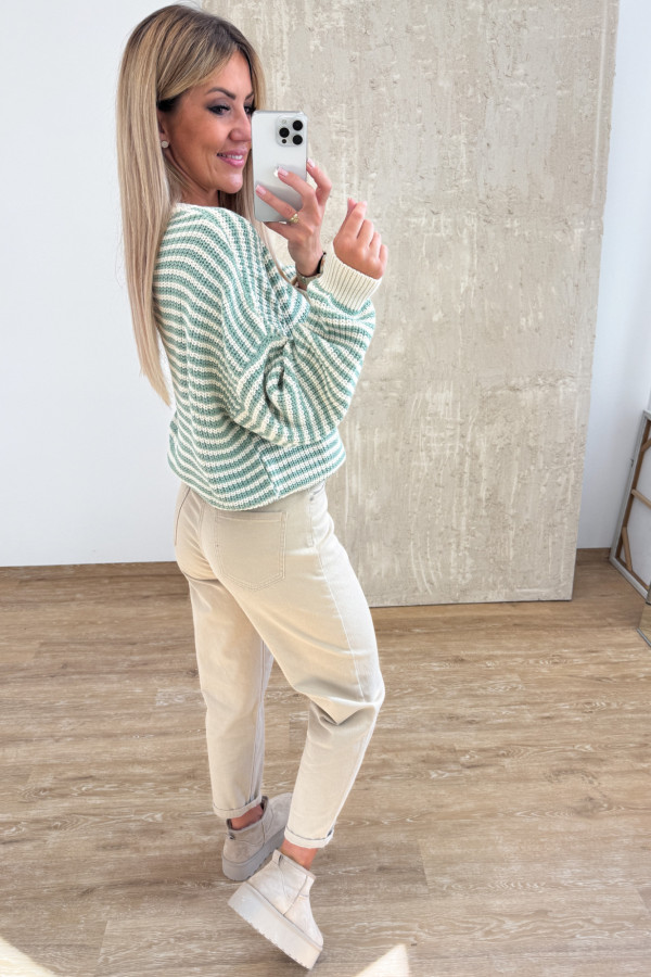 Sweter w Cienkie Paseczki Pasion - Waniliowo Miętowy 5