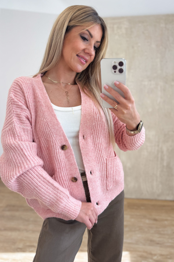 Sweter Rozpinany na Guziki Pocket - Brzoskwiniowy