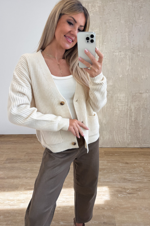 Sweter Rozpinany na Guziki Pocket - Waniliowy