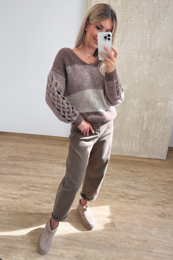 Sweter z Ozdobnym Rękawem Trenza - Czekolada/Mocca 2
