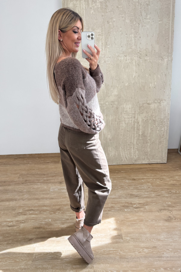 Sweter z Ozdobnym Rękawem Trenza - Czekolada/Mocca 3