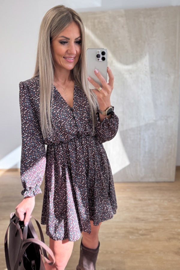 Sukienka z Długim Rękawem Krótka Laura - Czekoladowa Kwiatuszki Niebieskie 8