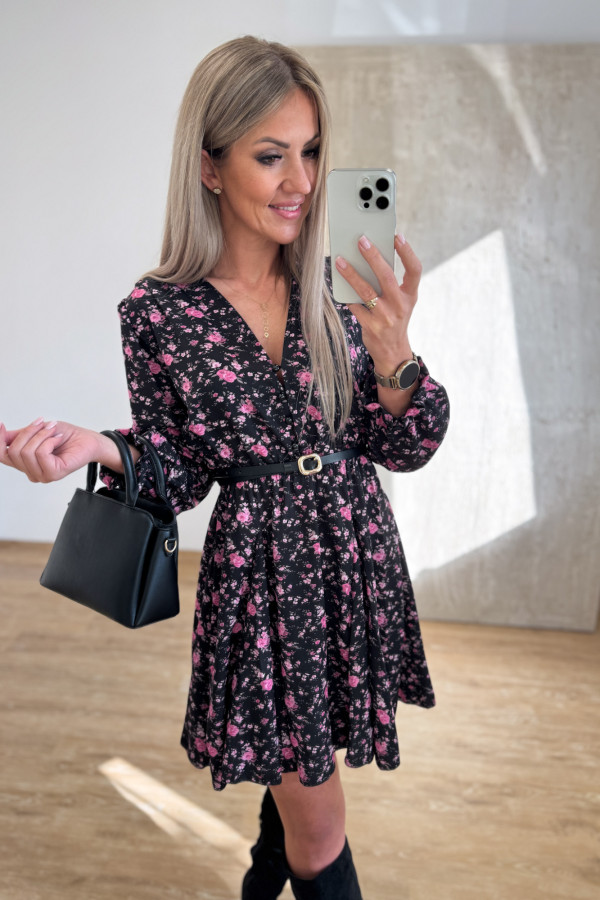 Sukienka z Długim Rękawem Krótka Laura - Czarna w Fuksjowe Róże 1