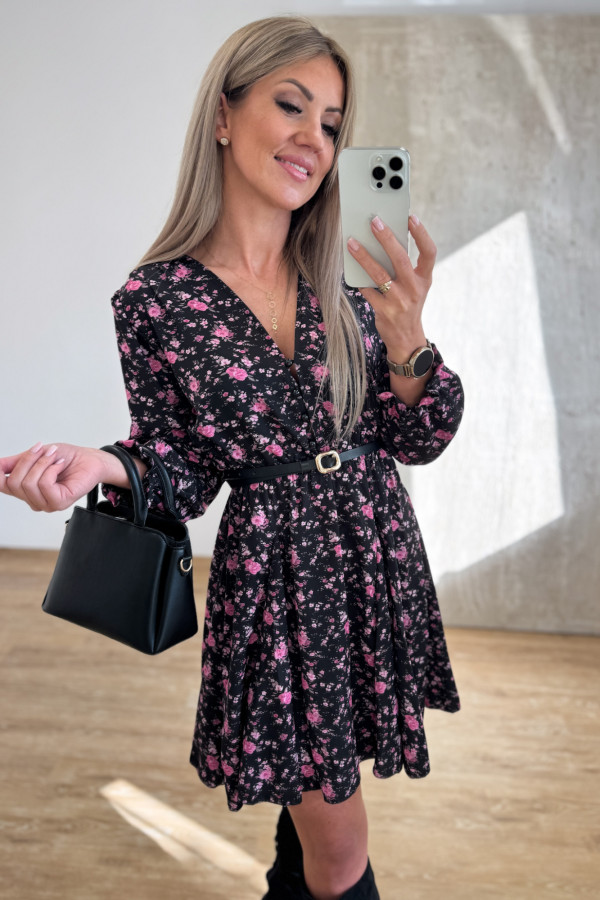 Sukienka z Długim Rękawem Krótka Laura - Czarna w Fuksjowe Róże 2