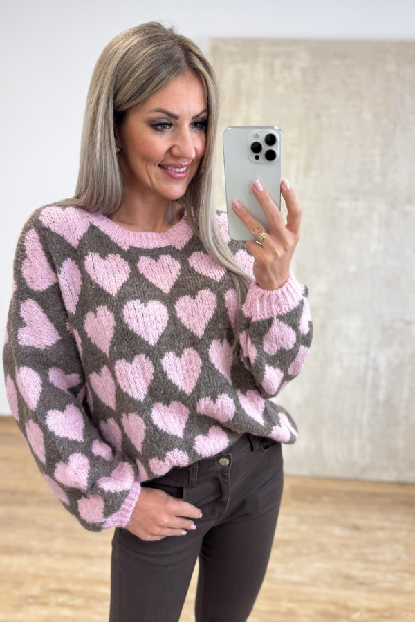 Sweter Serduszko Lover - Czekoladowo Różowy 1