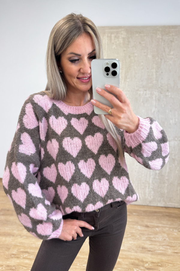 Sweter Serduszko Lover - Czekoladowo Różowy 3