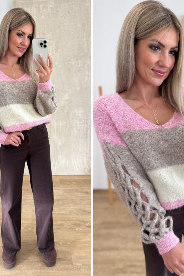 Sweter z Ozdobnym Rękawem Trenza - Róż/Beż/Wanilia 1