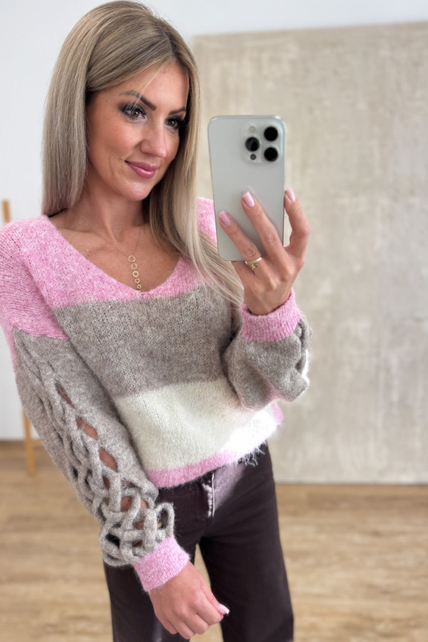 Sweter z Ozdobnym Rękawem Trenza - Róż/Beż/Wanilia