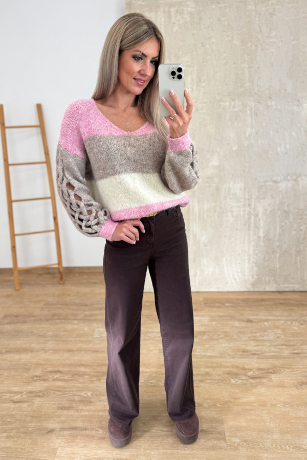 Sweter z Ozdobnym Rękawem Trenza - Róż/Beż/Wanilia 4