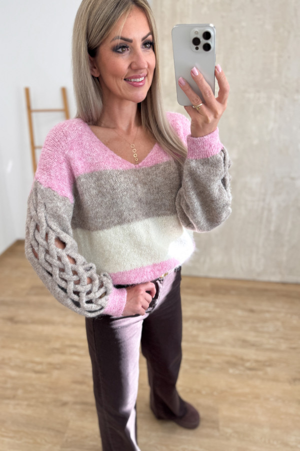 Sweter z Ozdobnym Rękawem Trenza - Róż/Beż/Wanilia 5