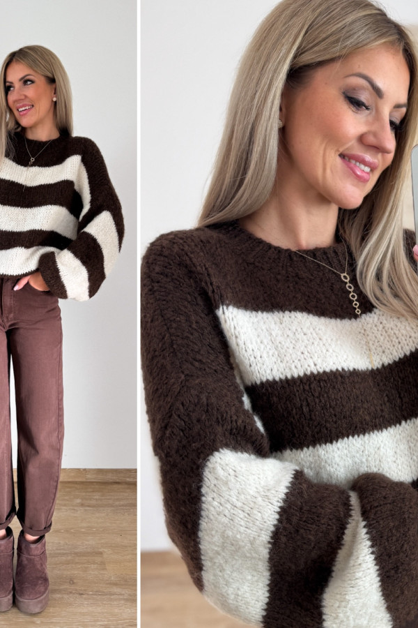 Sweter w Pasy Milano Soft - Czekoladowo Śmietankowy 1