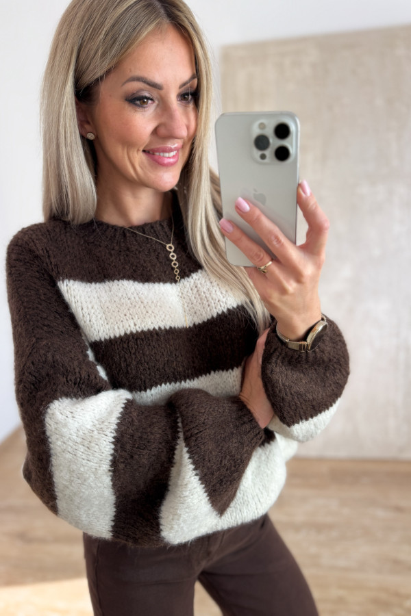 Sweter w Pasy Milano Soft - Czekoladowo Śmietankowy 5