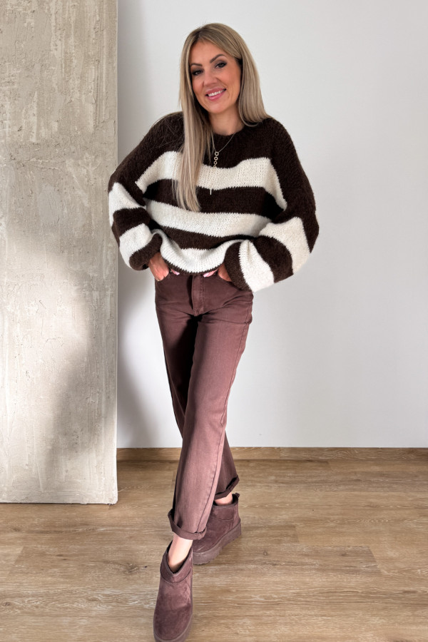 Sweter w Pasy Milano Soft - Czekoladowo Śmietankowy 11