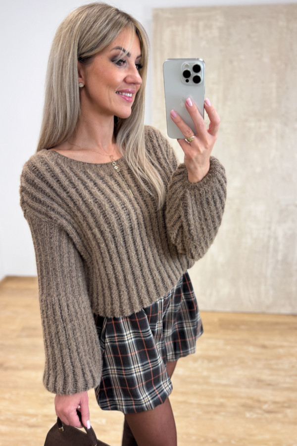 Sweter z Bufiastym Rękawem Aurora - Ciemno Beżowy