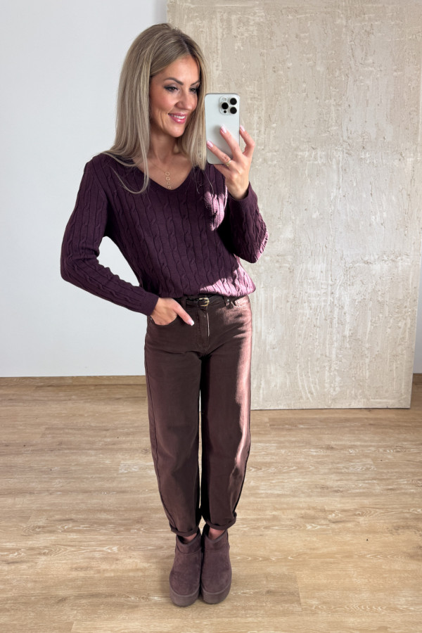 Sweter z Warkoczowym Splotem Vera - Śliwka